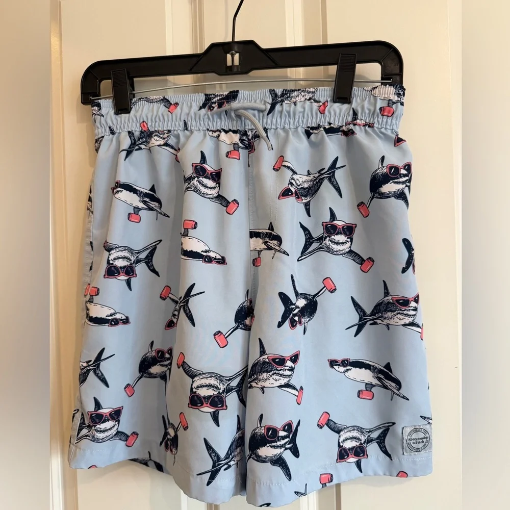 Abercombie kids shark print swim trunks.